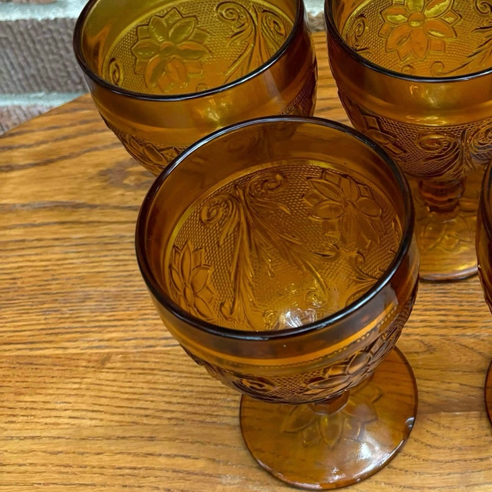 Vintage Tiara by Indiana Glass Wine Goblets Sandwich Amber Tall SET OF 3
